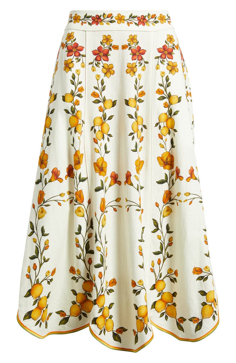 FARM Rio Lemon Bouquet Floral Linen Blend Midi Skirt, Alternate, color, Lemon Bouquet Off-White