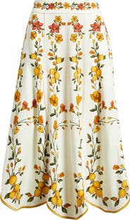 FARM Rio Lemon Bouquet Floral Linen Blend Midi Skirt