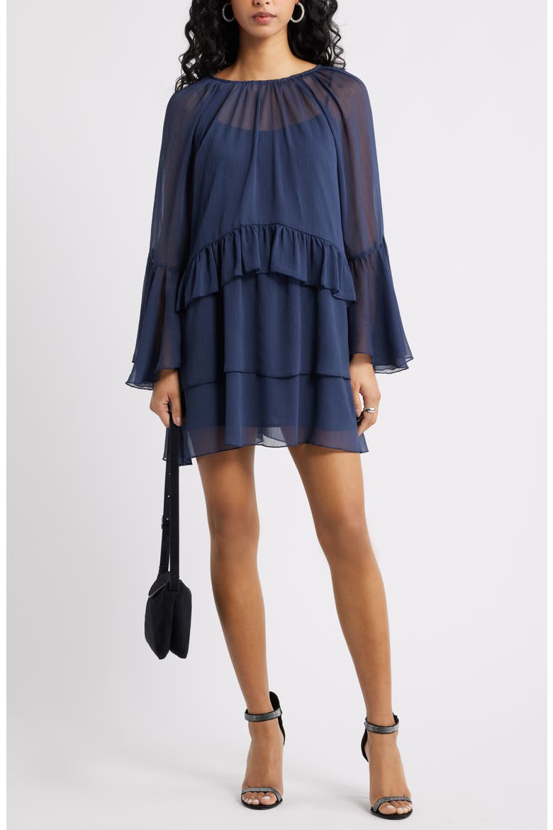Long Sleeve Tiered Chiffon Dress, Main, color, NAVY IRIS