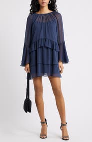Open Edit Long Sleeve Tiered Chiffon Dress