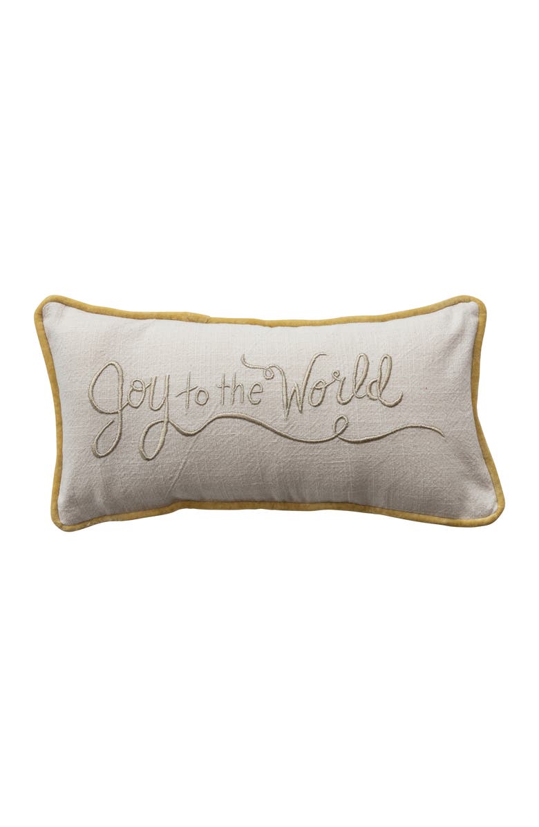 Storied Home Slub Lumbar Pillow with Embroidery, Piping, and Velvet Back "Joy to the World", Cream and Gold, Main, color, Cream