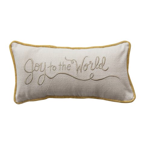 Slub Lumbar Pillow with Embroidery, Piping, and Velvet Back "Joy to the World", Cream and Gold