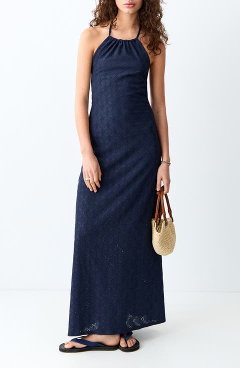Embroidered Halter Neck Denim Maxi Dress