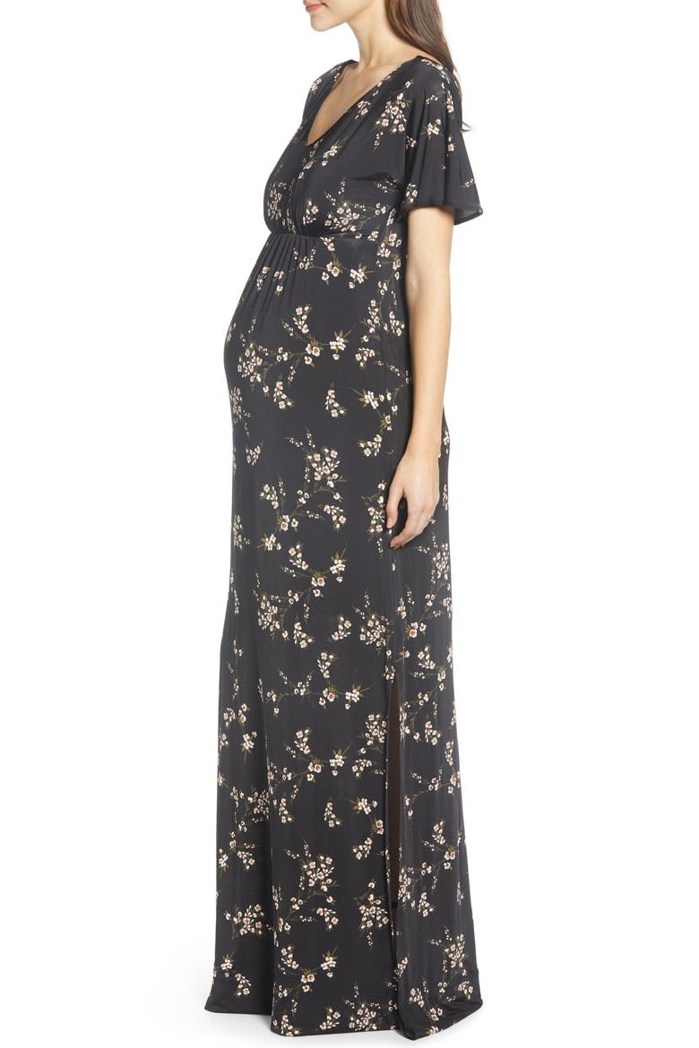 Floral Maternity Maxi Dress, Alternate, color, BLACK
