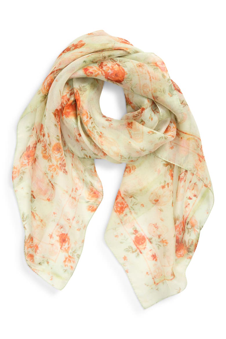 Floral & Skull Print Silk Scarf, Alternate, color, ACQUA