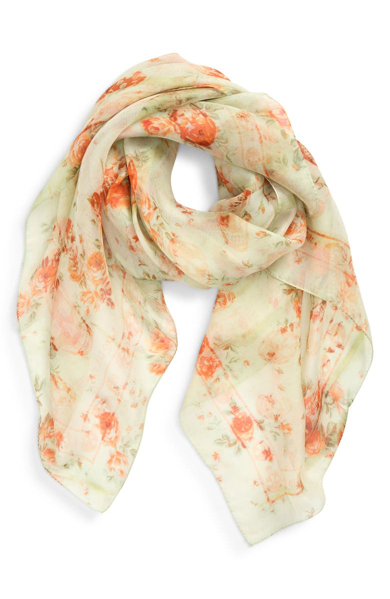 McQueen Floral & Skull Print Silk Scarf, Alternate, color, Acqua