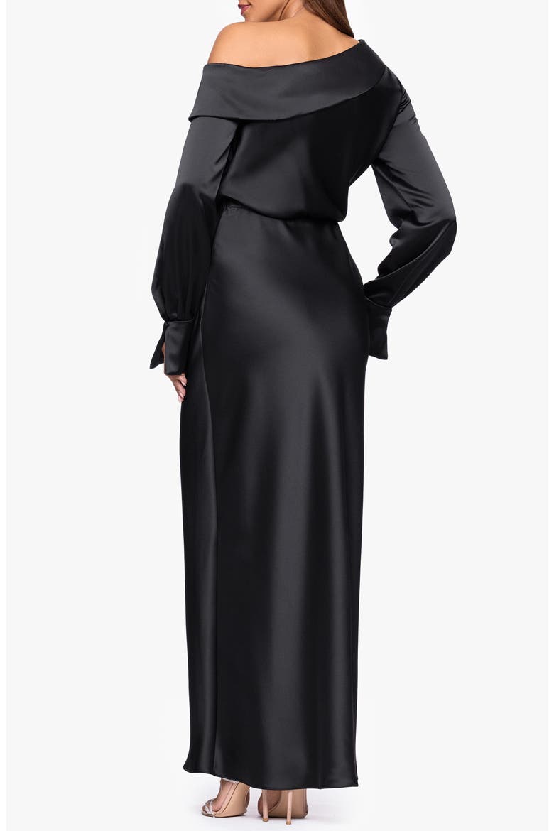 Off the Shoulder Long Sleeve Satin Gown, Alternate, color, BLACK