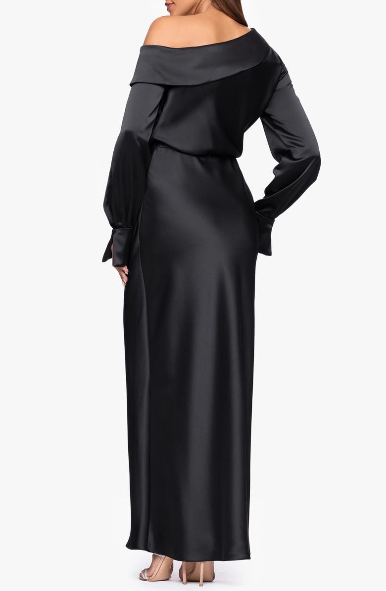 Xscape Evenings Off the Shoulder Long Sleeve Satin Gown, Alternate, color, Black