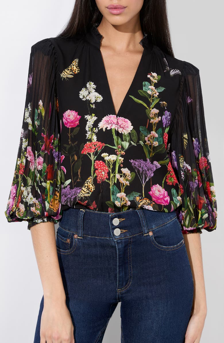 Alice + Olivia Ilan Floral Pleated Sleeve Button-Up Shirt, Main, color,