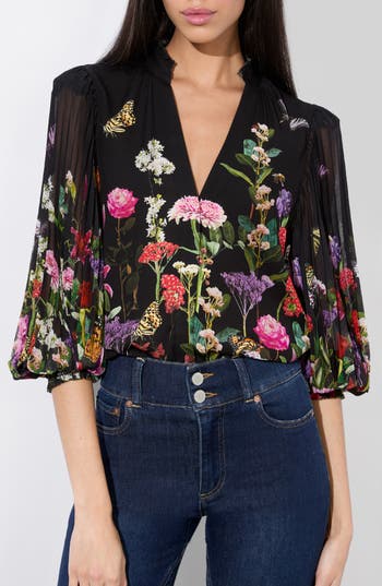 Alice And Olivia Alice + Olivia Ilan Floral Pleated Sleeve Button-up Shirt In Black
