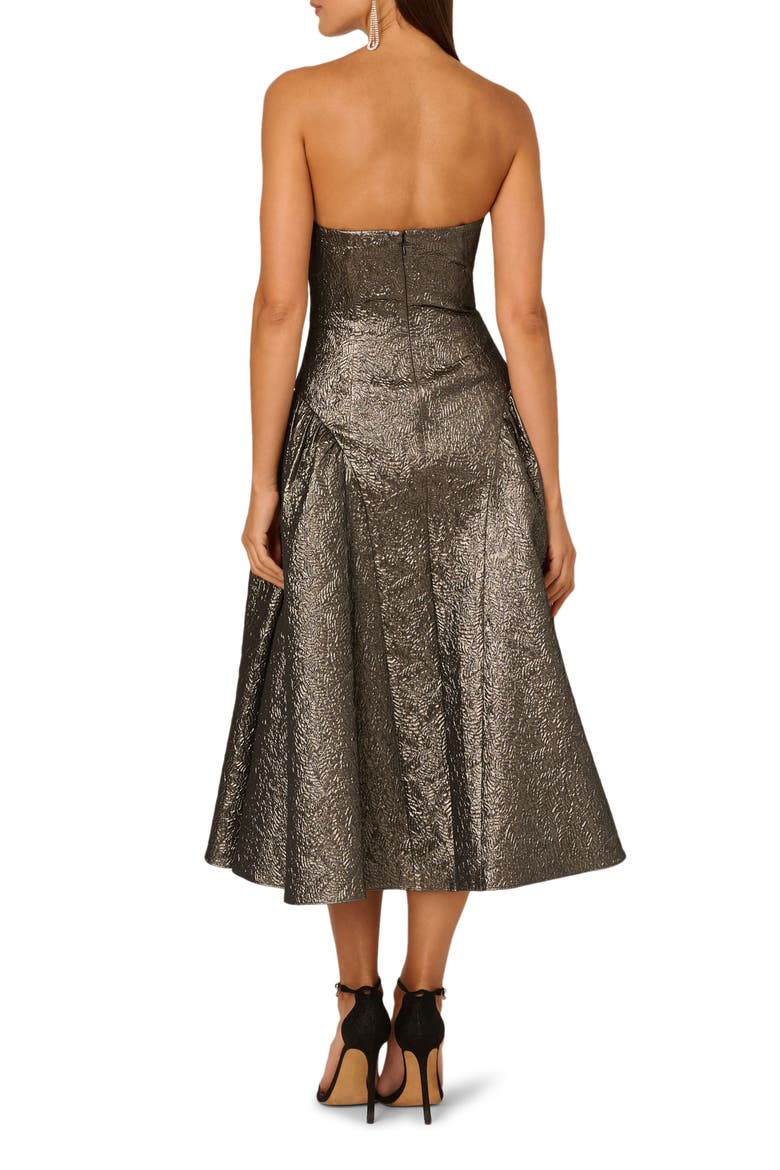 Metallic Jacquard Strapless Midi Dress, Alternate, color, GUNMETAL