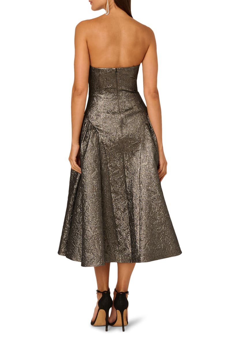 Adrianna Papell Metallic Jacquard Strapless Midi Dress, Alternate, color, Gunmetal