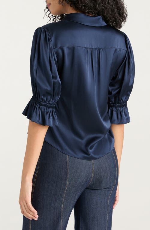 Cinq À Sept Fiona Ruffle Cuff Silk Button-up Shirt In Blue
