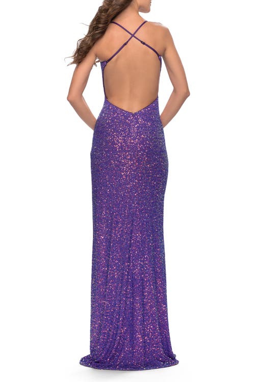 La Femme Stretch Sequin Dress With Open Back In Purple