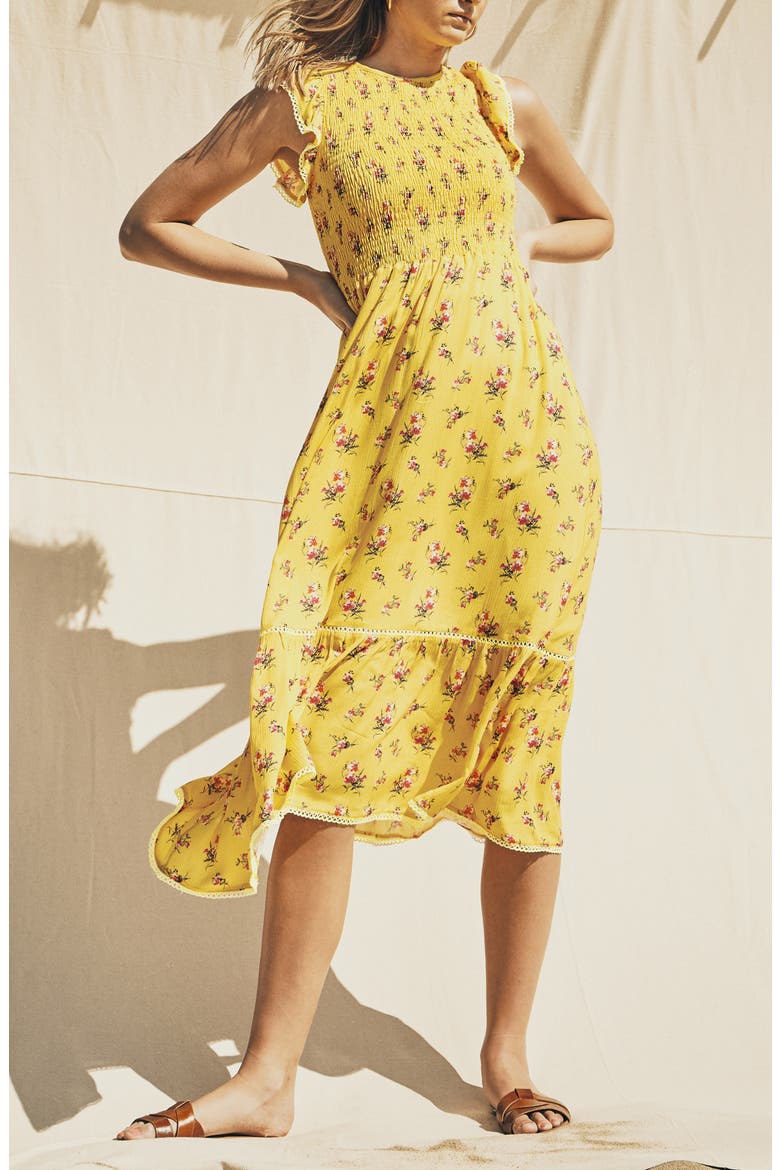 Mango Tango Floral Smocked Sundress, Main, color, YELLOW/ FLORAL