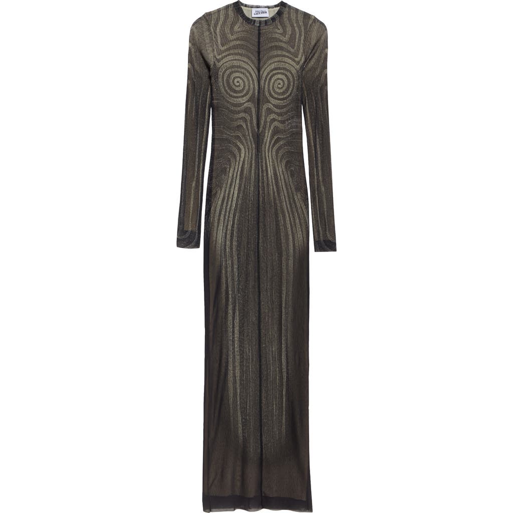 Shop Jean Paul Gaultier Spiral Long Sleeve Mesh Dress In Black/grey/ecru
