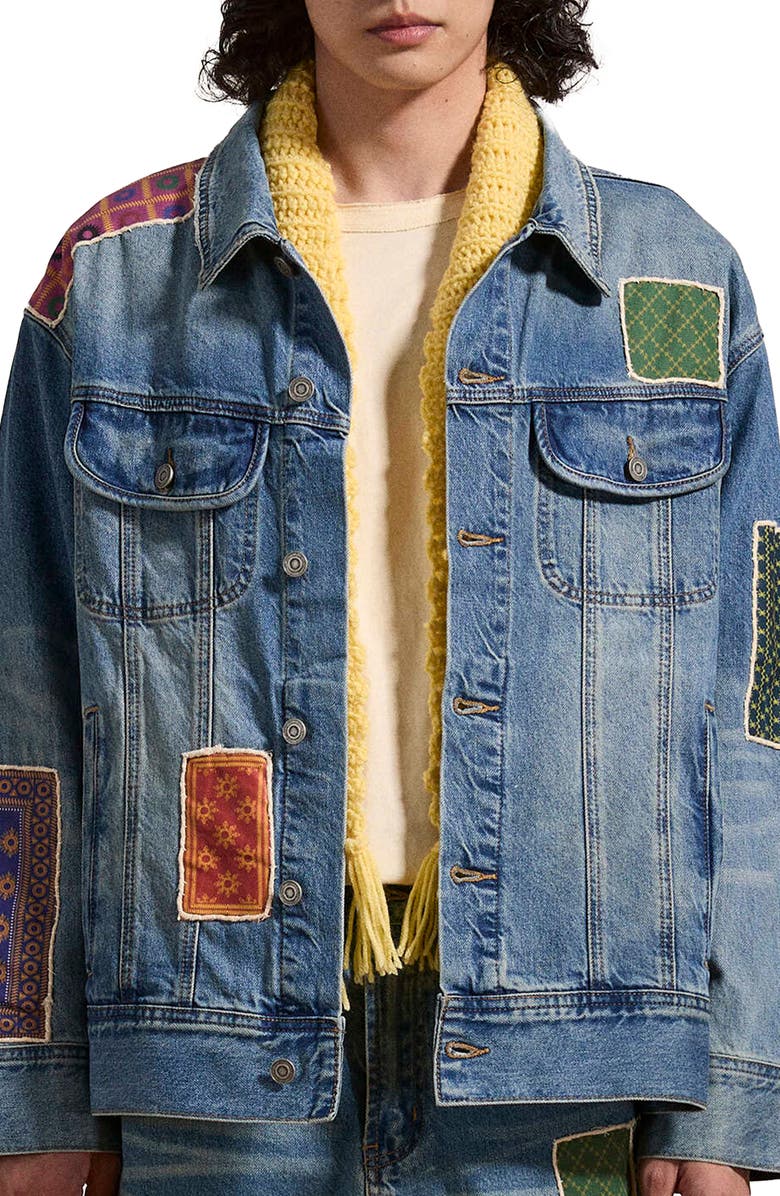 FOUND Kantha Patchwork Denim Trucker Jacket, Main, color, 