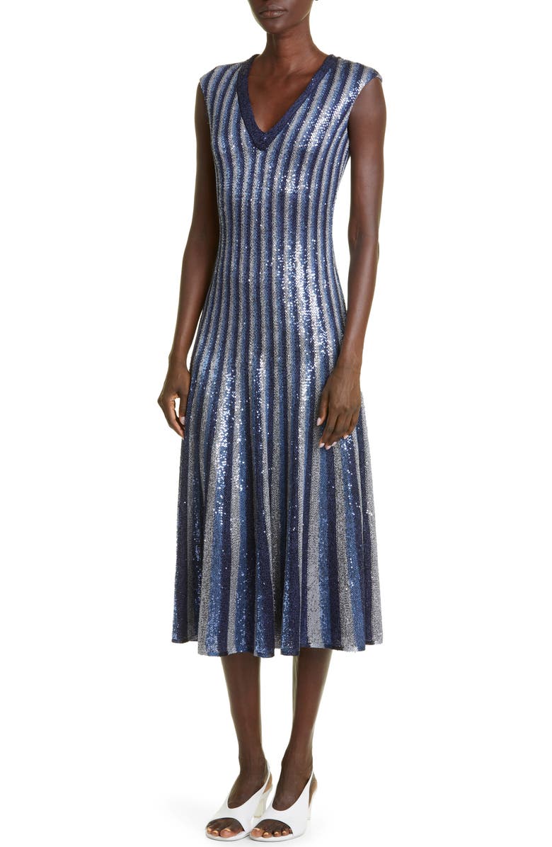 ST. JOHN Sequin Stripe Fit & Flare Midi Dress, Alternate, color,