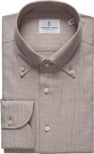 Emanuel Berg Modern Fit Beige Mélange Brushed Cotton Herringbone Dress Shirt