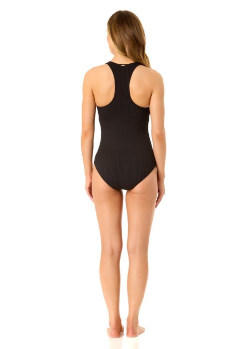 Shop Anne Cole Live In Color Textured Scoop Neck Front Racerback One Piece Swimsuit In Black