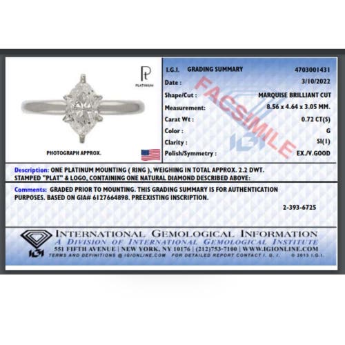 Bliss Diamond Platinum .72ct Marquise Natural Certified Diamond Solitaire Engagement Ring In Platinum