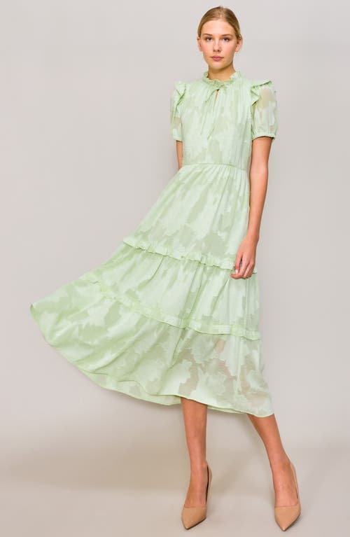 Melloday Tie Keyhole Puff Sleeve Tiered Midi Dress In Light Sage