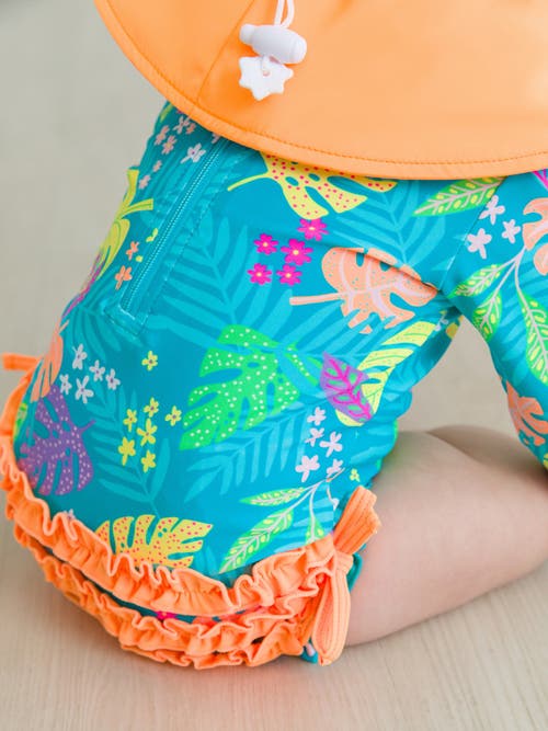 Rufflebutts Baby Girls Long Sleeve Upf50+ One Piece Rash Guard In Neon Tiki Vibes