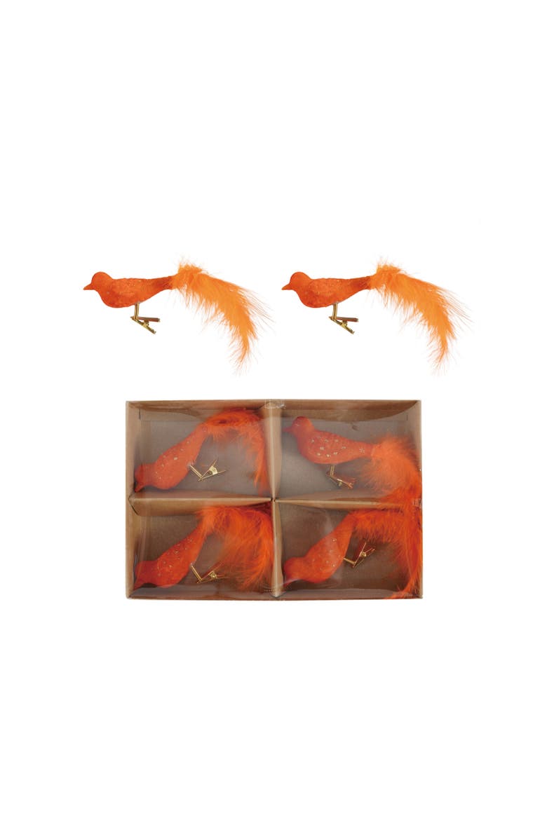 Artisan Glass & Feather Clip-on Bird Ornaments, Set of 4, Main, color, Orange