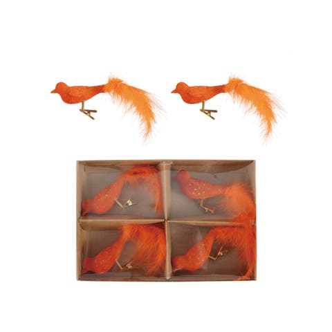 Artisan Glass & Feather Clip-on Bird Ornaments, Set of 4