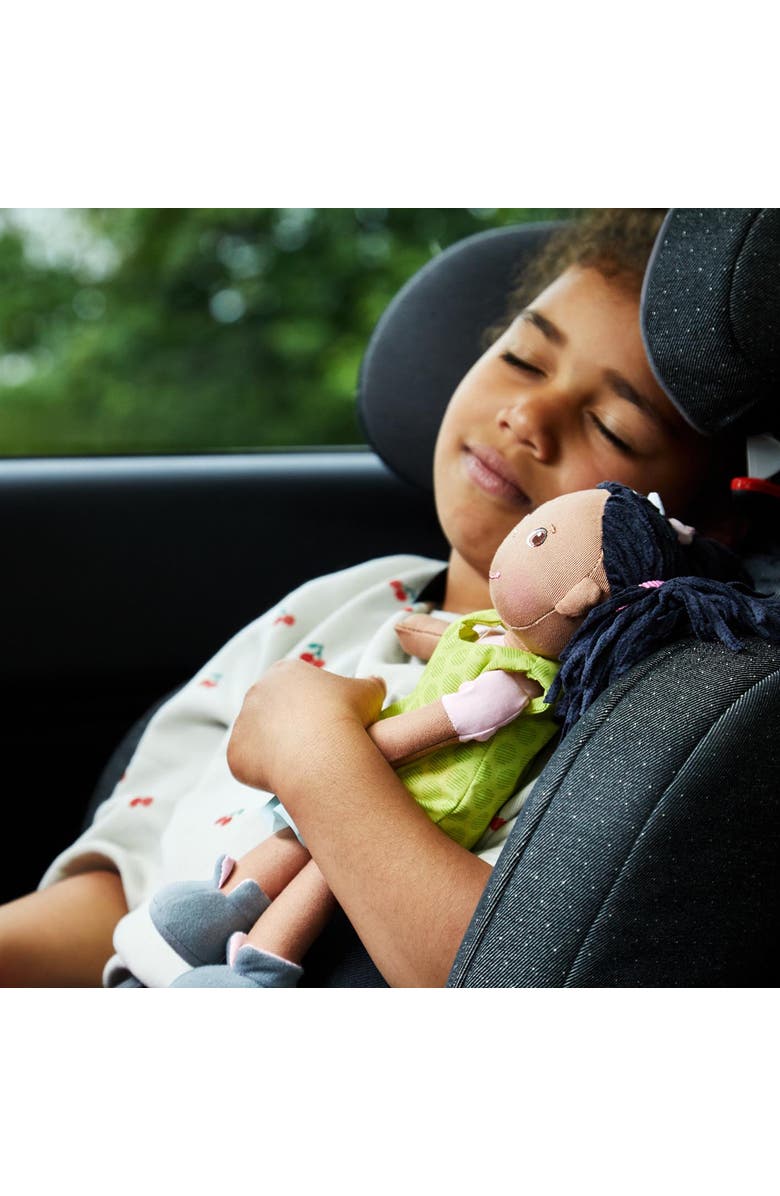 HABA Cari 12" Black Baby Doll with Black Pigtails, Embroidered Face, Removable Green Dress, Machine Washable Soft Baby Doll - 18 Months+, Alternate, color, Green Multi