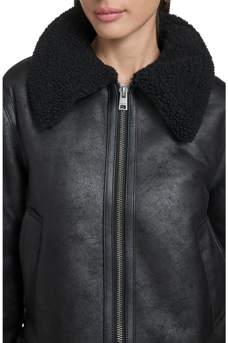 Faux Leather & Faux Shearling Bomber Jacket, Alternate, color, BLACK