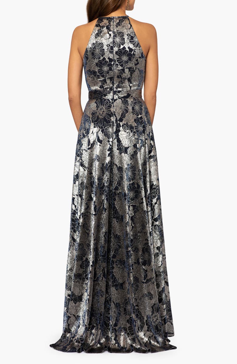 Betsy & Adam Metallic Floral Halter Top Gown, Alternate, color, Navy/Gunmetal