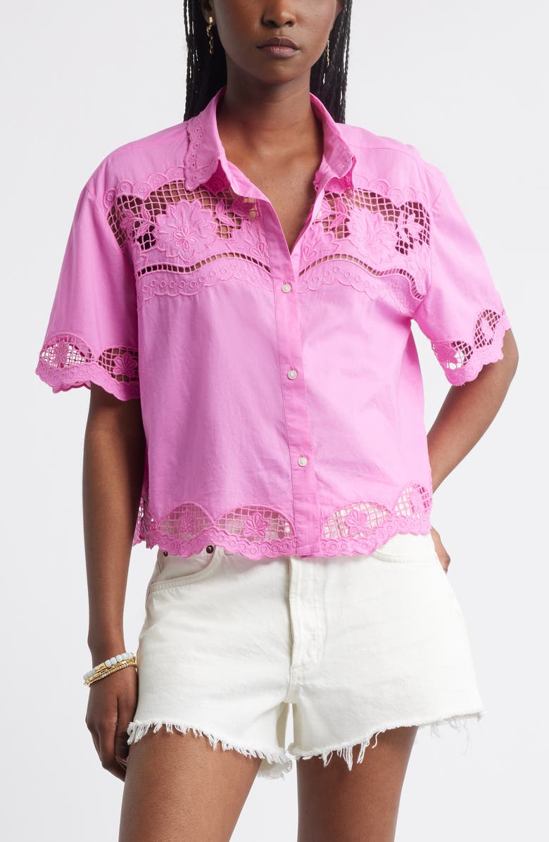 Treasure & Bond Embroidered Cutwork Cotton Camp Shirt, Main, color, Pink Surprise