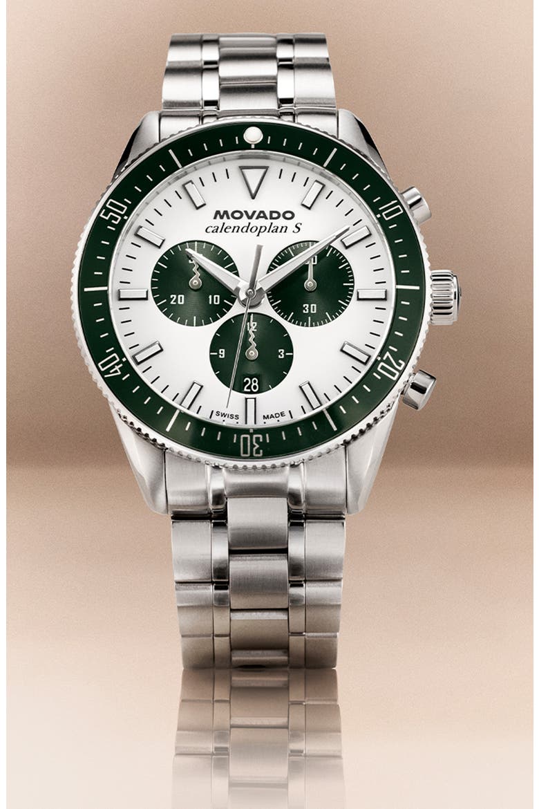Calendoplan Chronograph Bracelet Watch, 42mm, Alternate, color, WHITE
