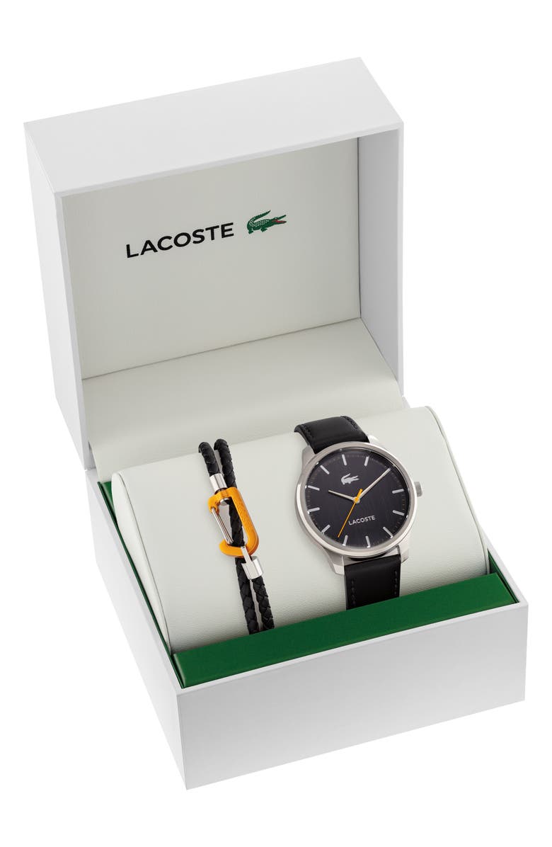 Lacoste Leather Strap Watch & Bracelet Gift Set, 42mm, Alternate, color, Black