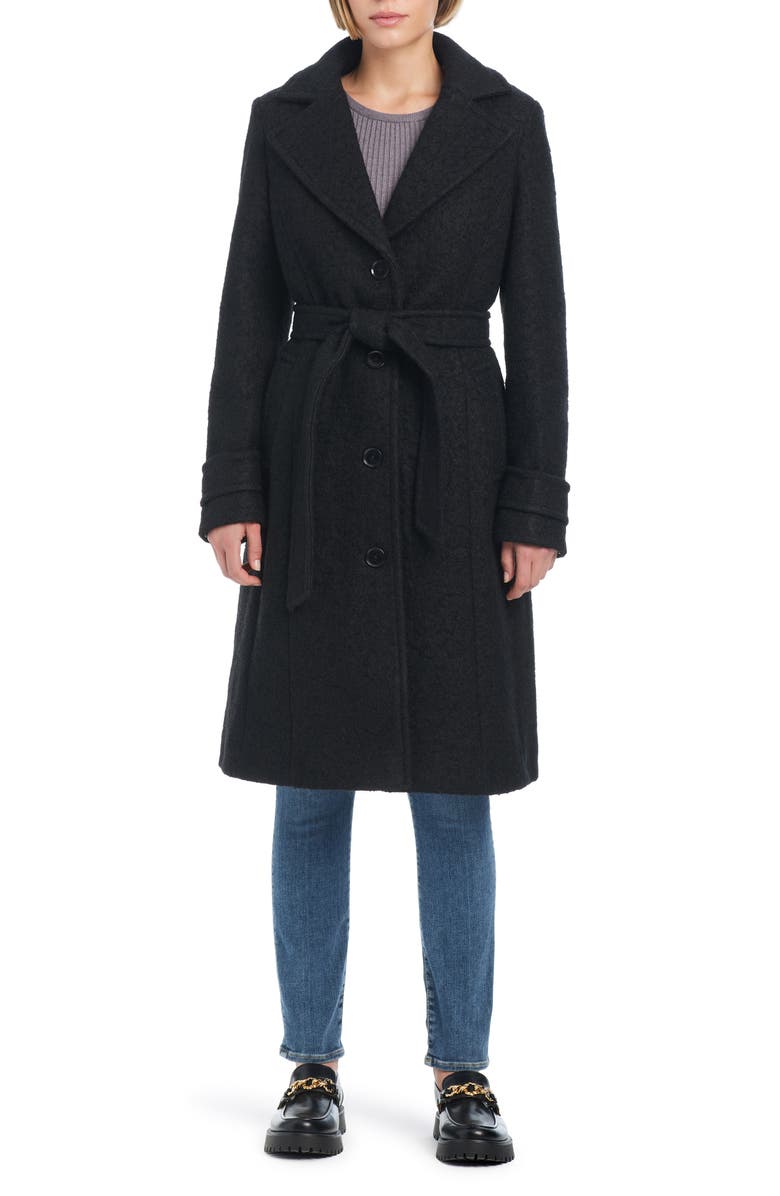 Kate Spade New York club belted wool blend coat with removable faux fur collar and cuffs, Alternate, color, Black