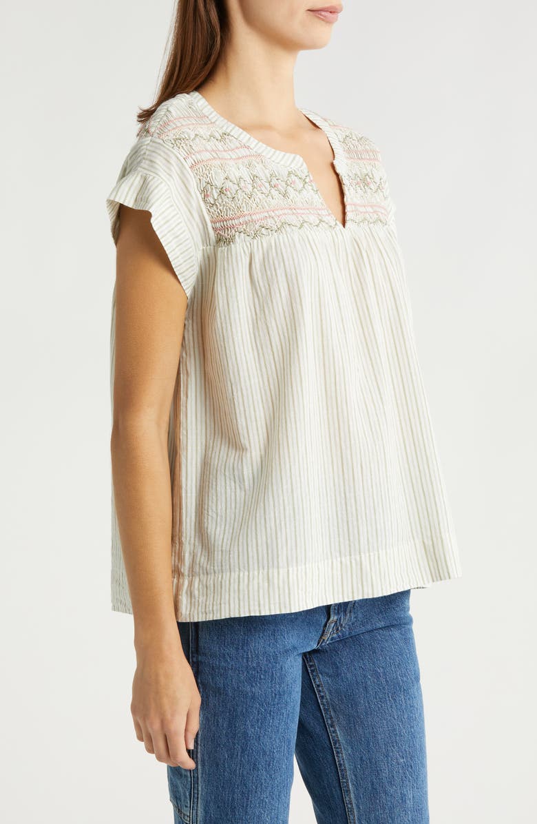 Lucky Brand Stripe Smocked Short Sleeve Cotton Top, Alternate, color, 