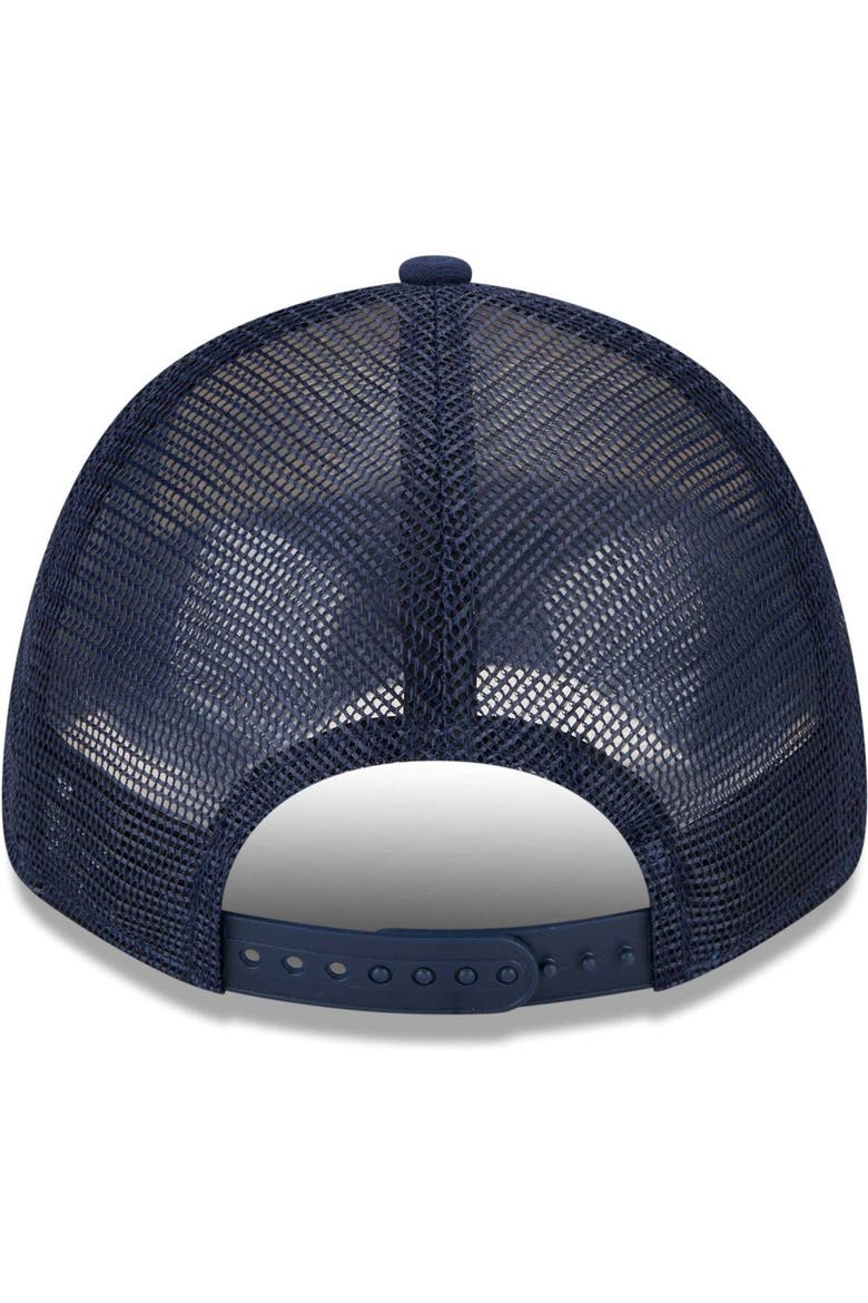 Men's New Era White/Navy Sporting Kansas City Team Stripes 9FORTY Trucker Snapback Hat, Alternate, color, White