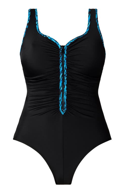 Shapesolver Sport Shirred Zipper Tank Chlorine Resistant One-piece Swimsuit In Black