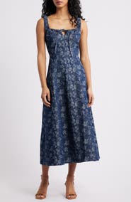 MOON RIVER Floral Denim Midi Dress