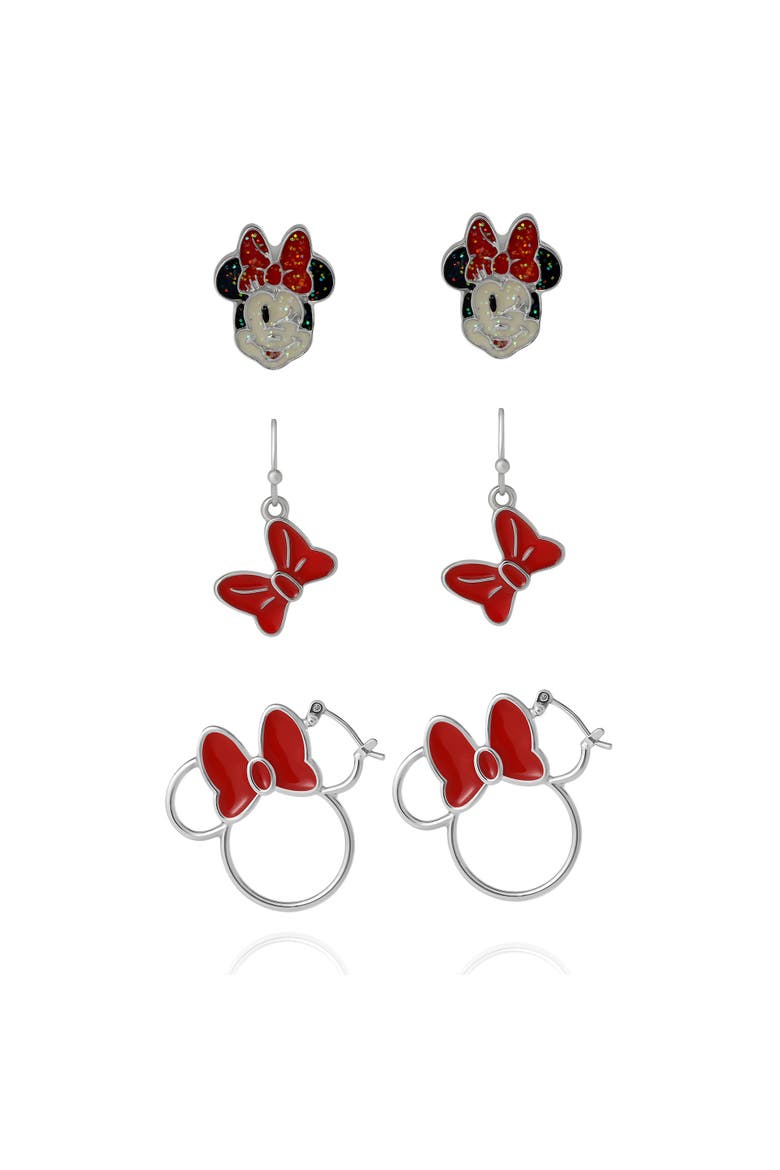 Minnie Mouse Red Bow Earring Set, 3 Pairs (Hoops, Drops & Studs), Silver-Tone, Main, color, Red