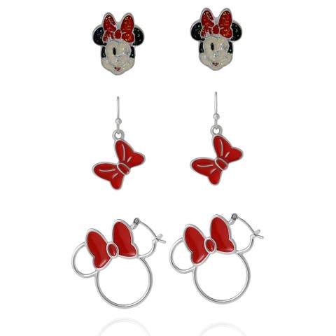 Minnie Mouse Red Bow Earring Set, 3 Pairs (Hoops, Drops & Studs), Silver-Tone
