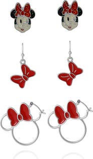 Disney Minnie Mouse Red Bow Earring Set, 3 Pairs (Hoops, Drops & Studs), Silver-Tone