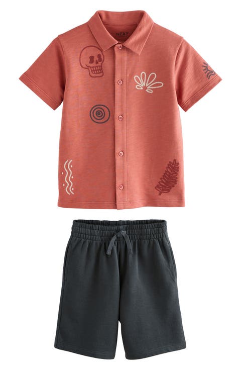 Kids' Embroidered Short Sleeve Knit Button-Up Shirt & Drawstring Shorts Set (Little Kid & Big Kid)