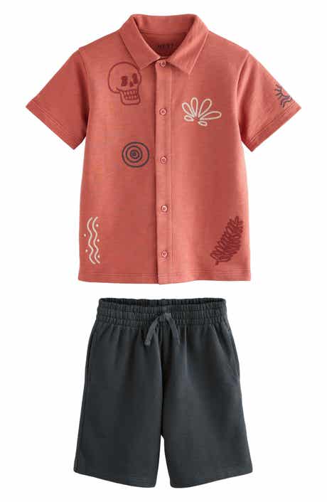 NEXT Kids' Embroidered Short Sleeve Knit Button-Up Shirt & Drawstring Shorts Set