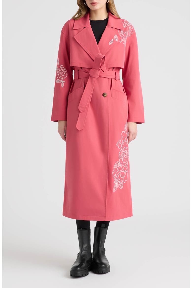 Embroidered Belted Trench Coat, Main, color, PITAYA RED