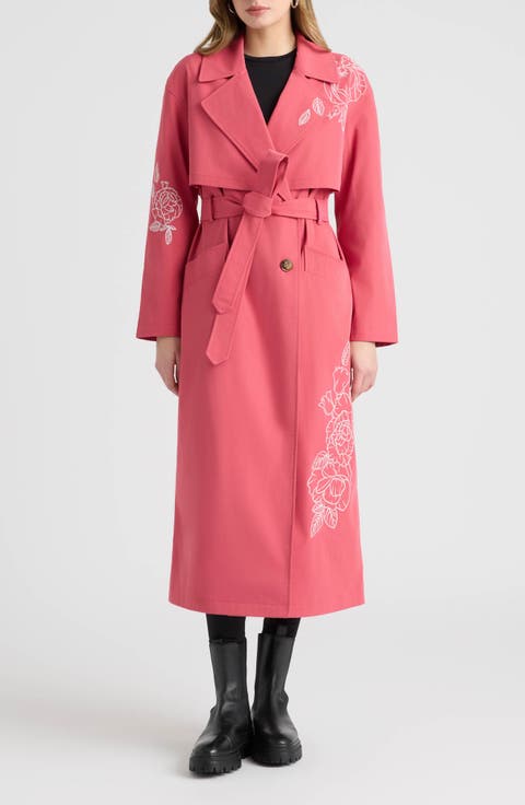 Embroidered Belted Trench Coat