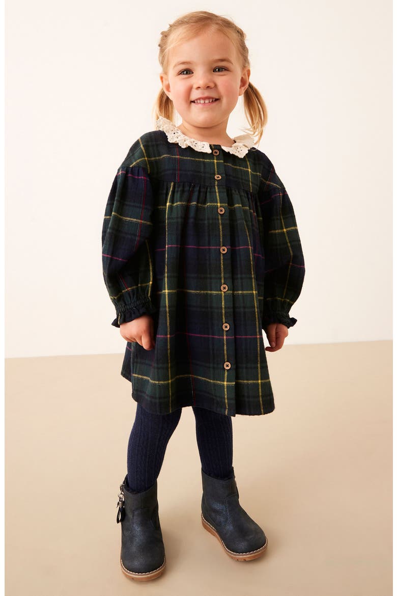 Kids' Plaid Lace Collar Cotton Blend Dress, Alternate, color, GREEN