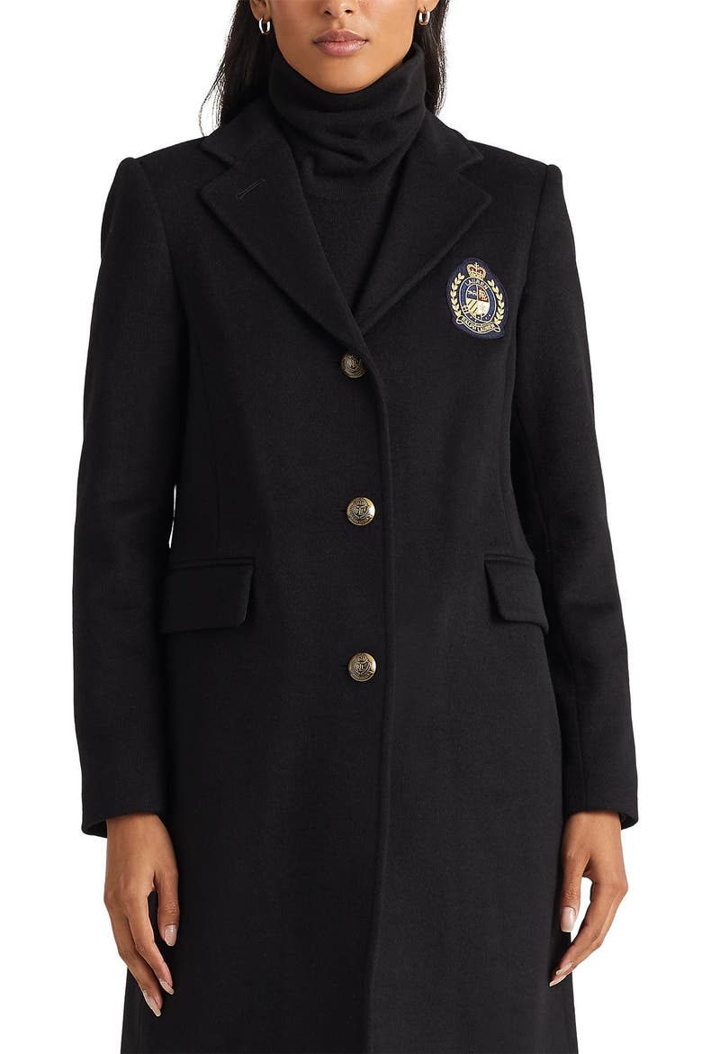 Crest Patch Wool Blend Reefer Coat, Alternate, color, BLACK