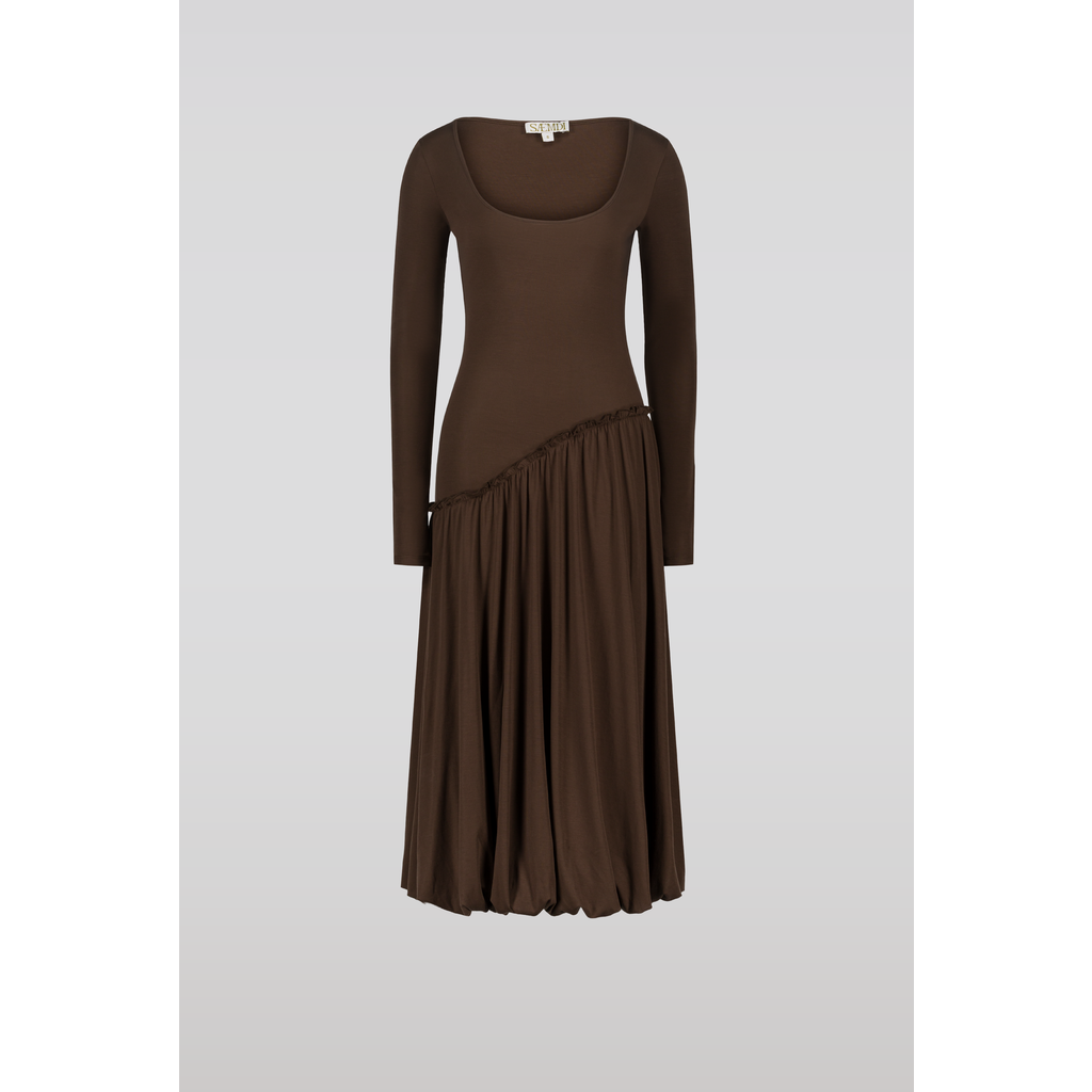 Saemdi Asymmetric Hip Dress With Scoop Neck In Dark Brown